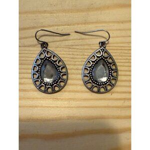 Antique Silver Tone Teardrop Dangle Earrings With Faceted Center Stone